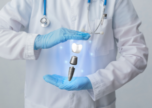 a dentist holding an imaginary dental implant